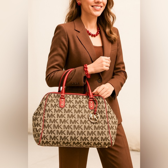 MICHAEL Michael Kors Handbags - Michael Kors MK Logo Satchel with Red Trim